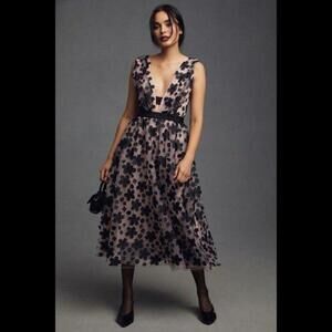 Anthropologie dress women’s 10p black pink tulle 3d flower applique wedding